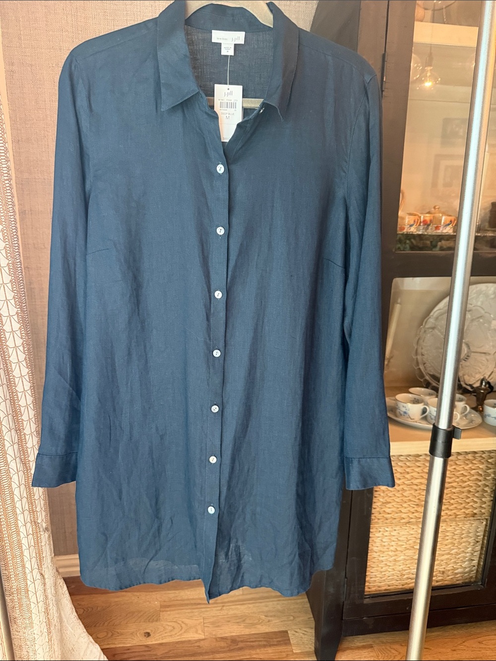 J. Jill Navy Blue Button-Front Long Sleeve Linen Shirt